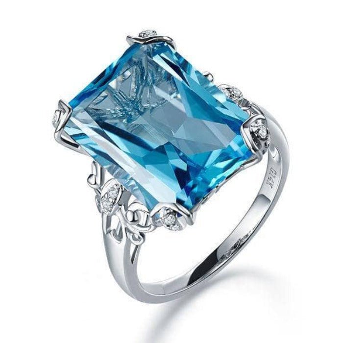 14K White Gold 13ct Swiss Blue Topaz Diamond Ring-Black Diamonds New York