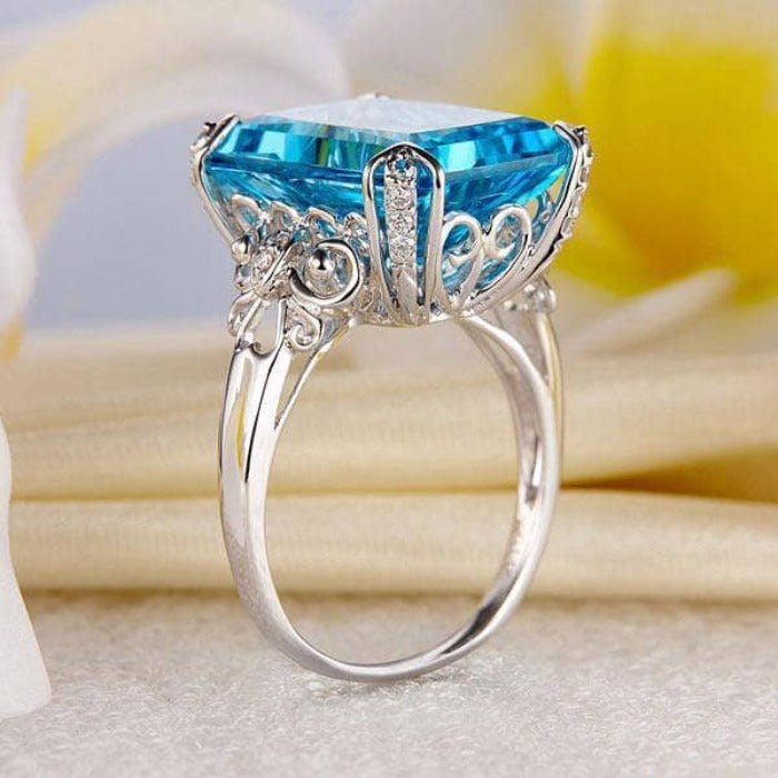 14K White Gold 13ct Swiss Blue Topaz Diamond Ring-Black Diamonds New York