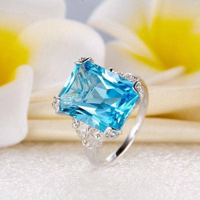 14K White Gold 13ct Swiss Blue Topaz Diamond Ring-Black Diamonds New York