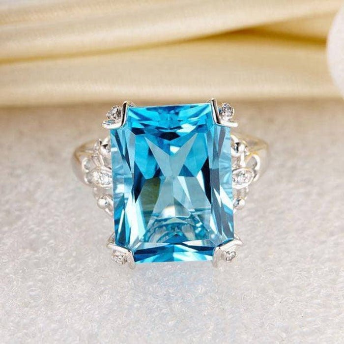 14K White Gold 13ct Swiss Blue Topaz Diamond Ring-Black Diamonds New York