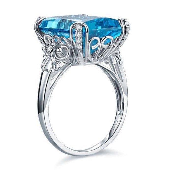 14K White Gold 13ct Swiss Blue Topaz Diamond Ring-Black Diamonds New York