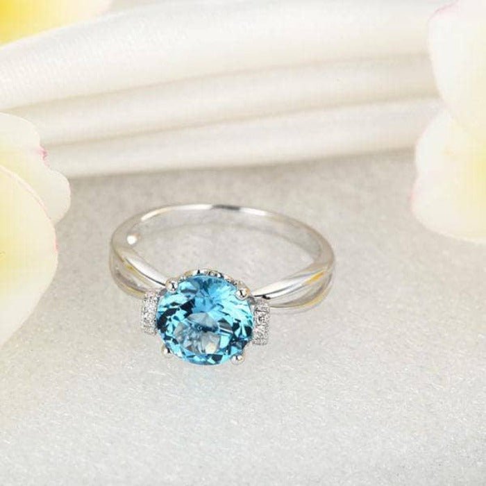 14K White Gold 2ct Swiss Blue Topaz Natural Diamond Ring-Black Diamonds New York