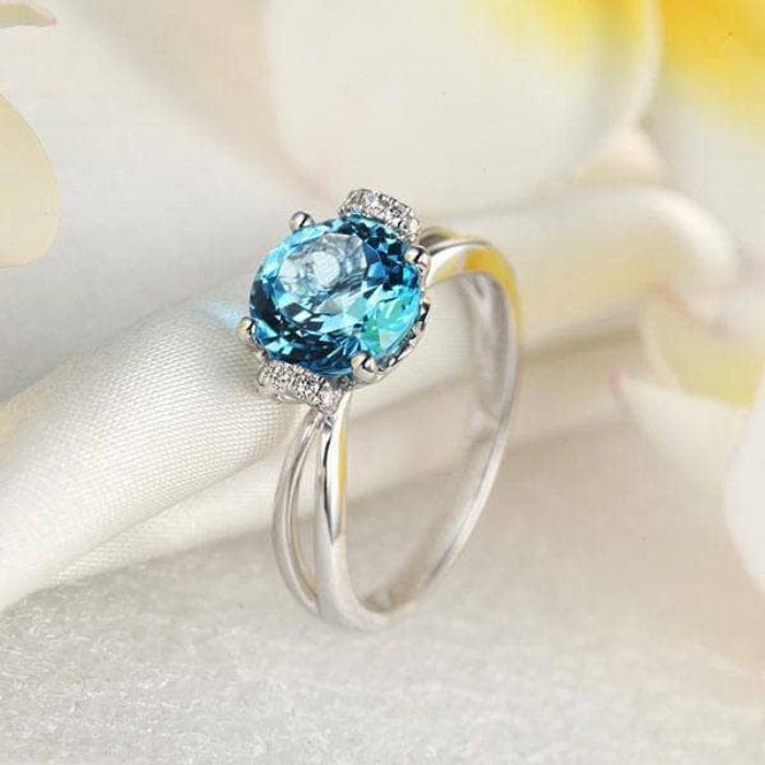 14K White Gold 2ct Swiss Blue Topaz Natural Diamond Ring-Black Diamonds New York