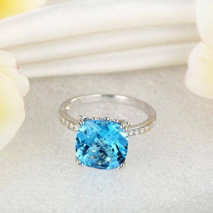 14K White Gold 4.5ct Cushion Swiss Blue Topaz Natural Diamond-Black Diamonds New York