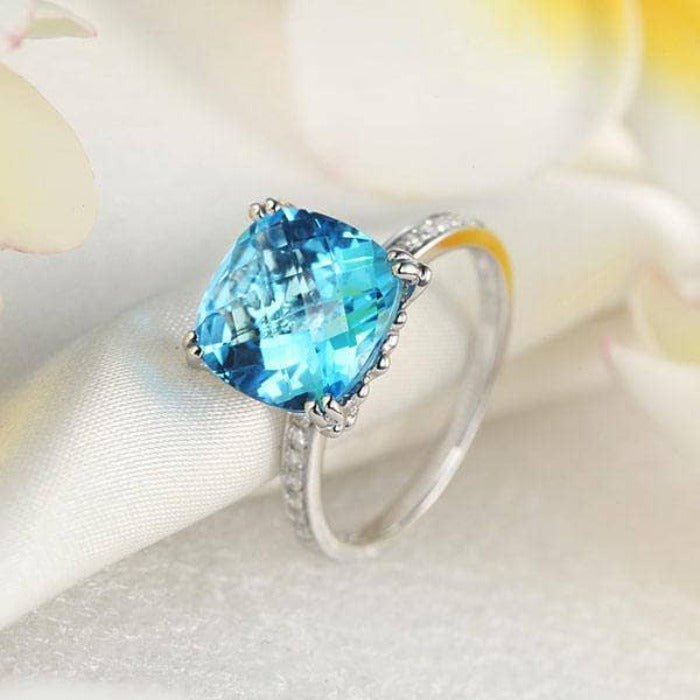 14K White Gold 4.5ct Cushion Swiss Blue Topaz Natural Diamond-Black Diamonds New York