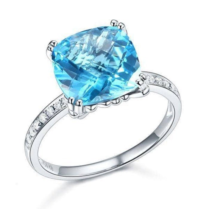 14K White Gold 4.5ct Cushion Swiss Blue Topaz Natural Diamond-Black Diamonds New York