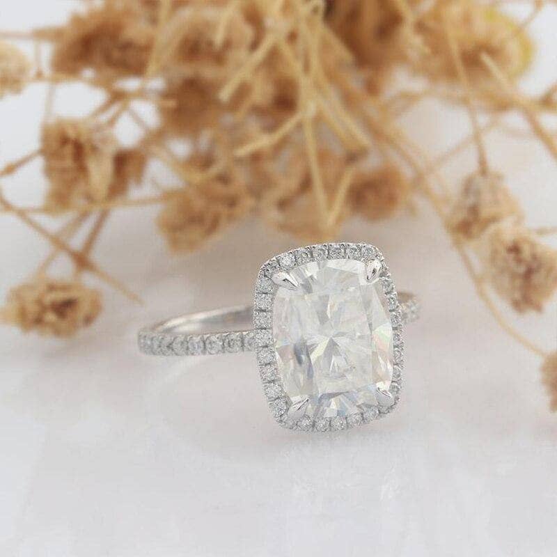 Charming 8MM Trillion Cut Moissanite Diamond Ring, Halo Accents White Gold Ring, Women Daily shops Wear Ring, Anniversary Gift, Engagement Ring