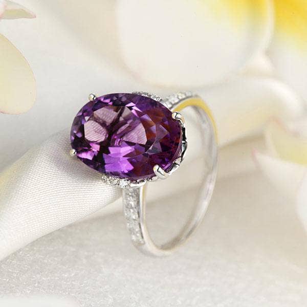 14K White Gold 5.75 Ct Oval Purple Amethyst 0.22 Ct Natural Diamond-Black Diamonds New York