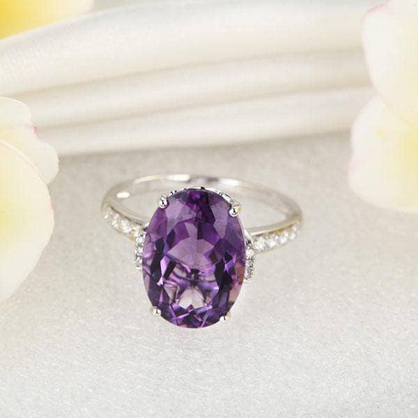 14K White Gold 5.75 Ct Oval Purple Amethyst 0.22 Ct Natural Diamond-Black Diamonds New York