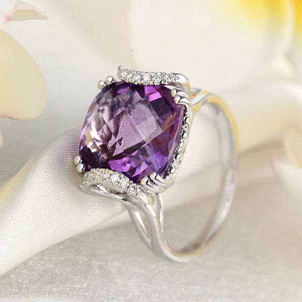 14K White Gold 6.4 Ct Cushion Purple Amethyst Diamond-Black Diamonds New York