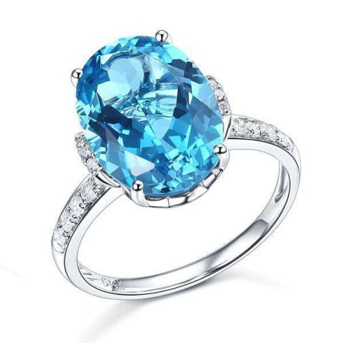 14K White Gold 6.5 Ct Oval Swiss Blue Topaz 0.22 Ct Natural Diamond-Black Diamonds New York