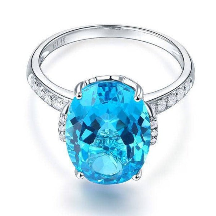 14K White Gold 6.5 Ct Oval Swiss Blue Topaz 0.22 Ct Natural Diamond-Black Diamonds New York