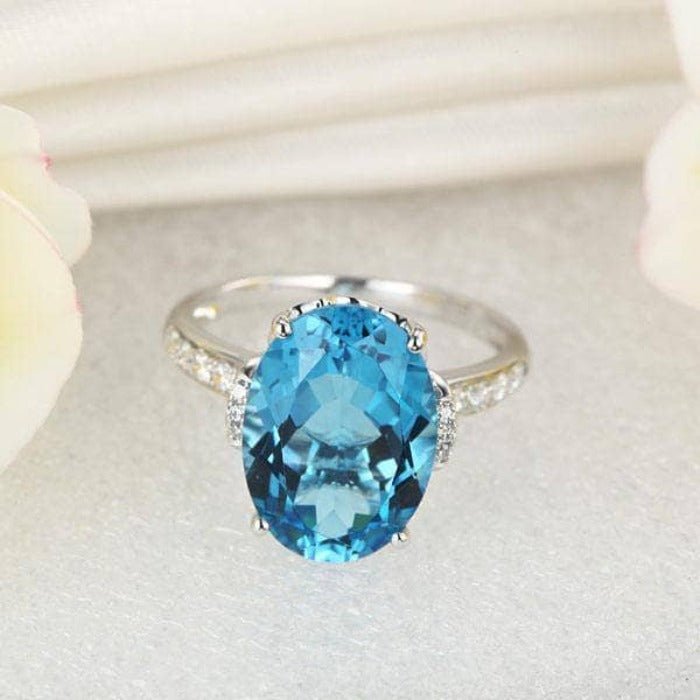 14K White Gold 6.5 Ct Oval Swiss Blue Topaz 0.22 Ct Natural Diamond-Black Diamonds New York