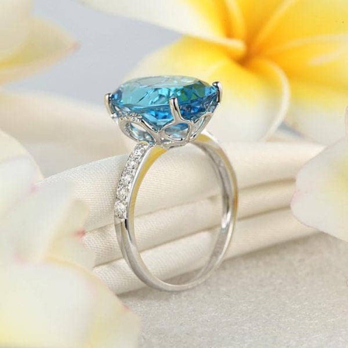 14K White Gold 6.5 Ct Oval Swiss Blue Topaz 0.22 Ct Natural Diamond-Black Diamonds New York