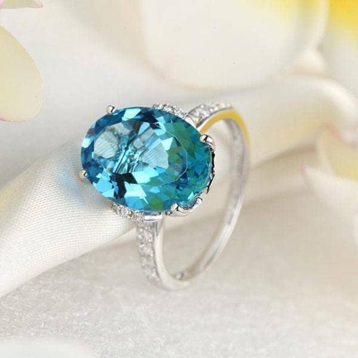 14K White Gold 6.5 Ct Oval Swiss Blue Topaz 0.22 Ct Natural Diamond-Black Diamonds New York