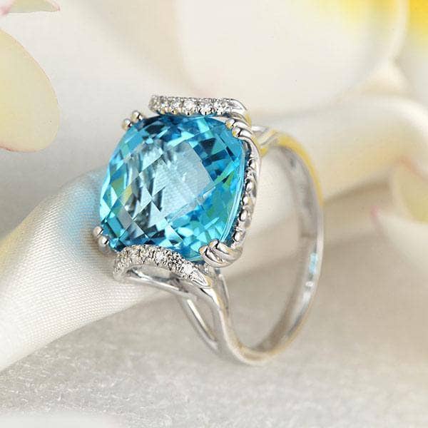 14K White Gold 9.65ct Cushion Swiss Blue Topaz Natural Diamond-Black Diamonds New York