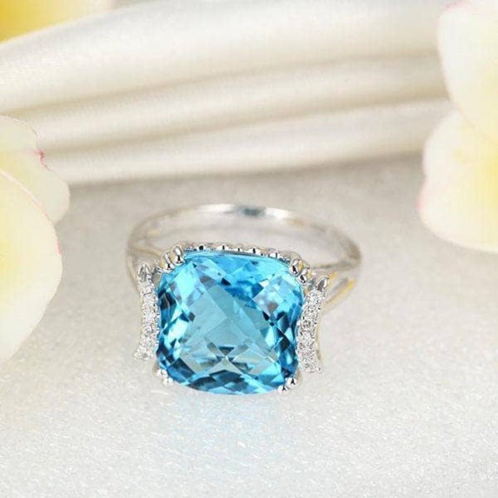 14K White Gold 9.65ct Cushion Swiss Blue Topaz Natural Diamond-Black Diamonds New York