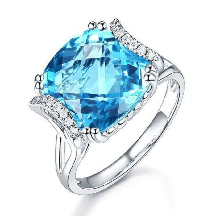 14K White Gold 9.65ct Cushion Swiss Blue Topaz Natural Diamond-Black Diamonds New York