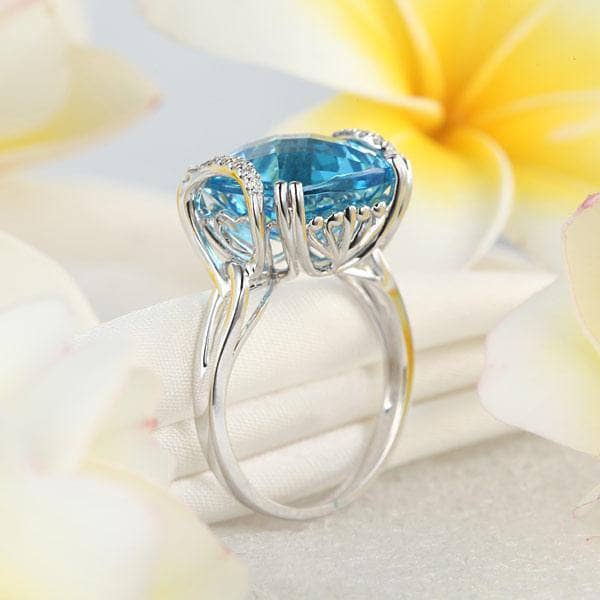 14K White Gold 9.65ct Cushion Swiss Blue Topaz Natural Diamond-Black Diamonds New York