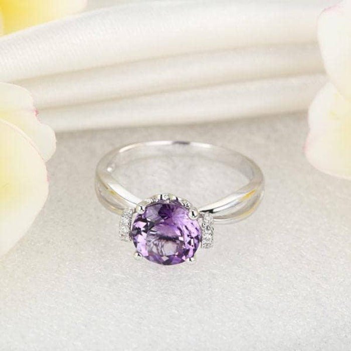 14K White Gold Purple Amethyst Natural Diamond Ring-Black Diamonds New York