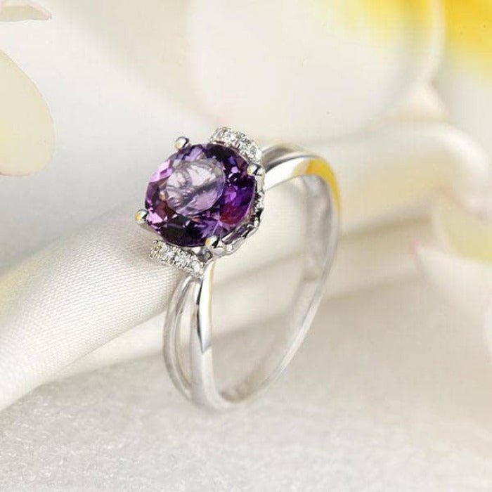 14K White Gold Purple Amethyst Natural Diamond Ring-Black Diamonds New York