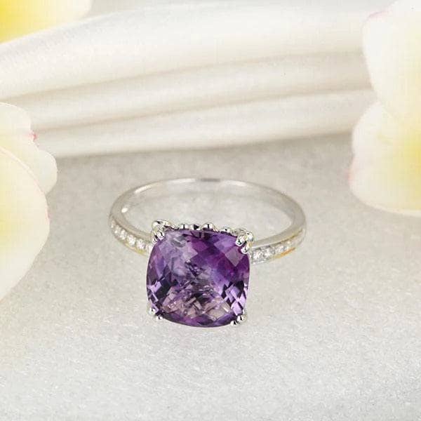 14K White Gold Purple Cushion Amethyst Natural Diamond-Black Diamonds New York