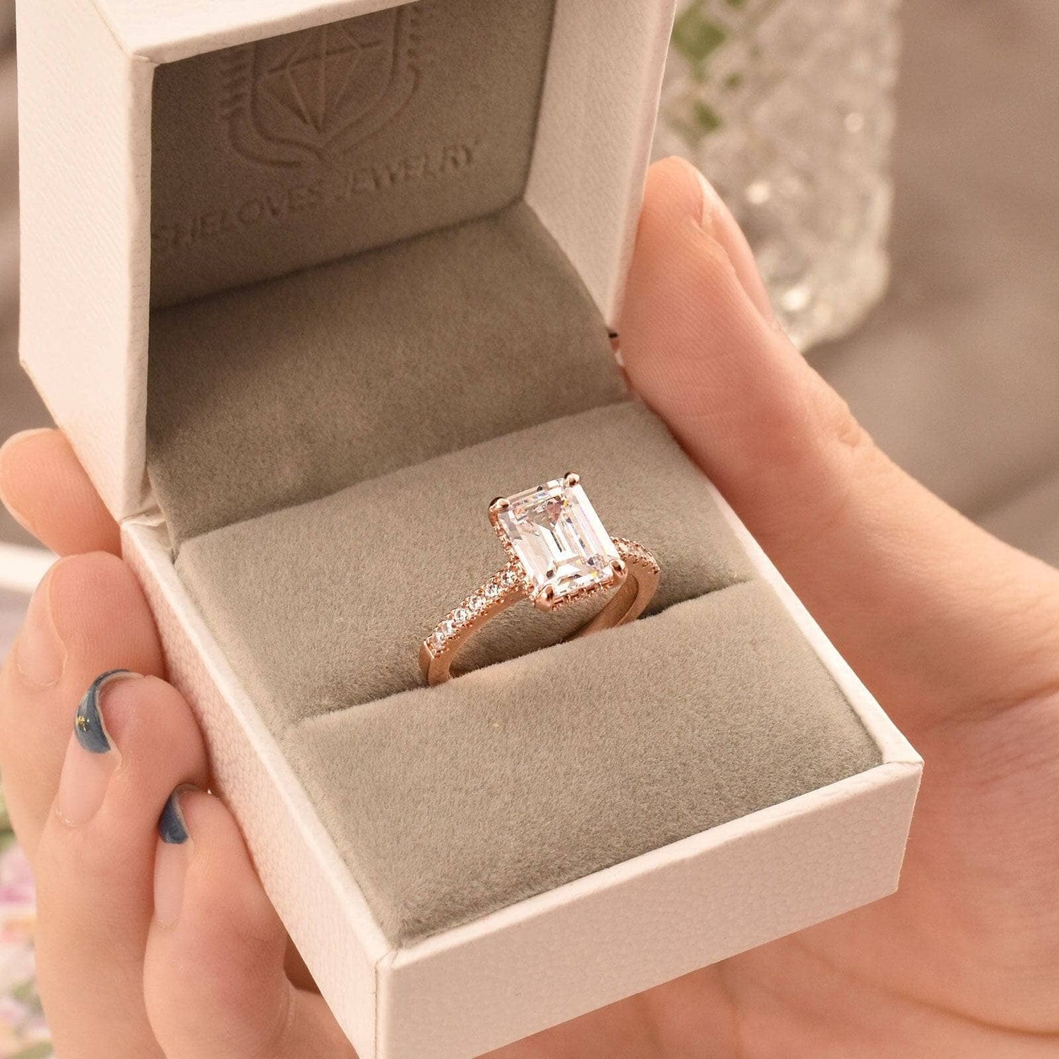 1.8Ct Emerald Cut Created Diamond Rose Gold Engagement Ring-Black Diamonds New York