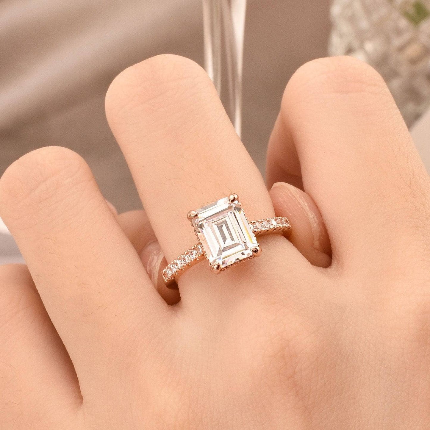 1.8Ct Emerald Cut Created Diamond Rose Gold Engagement Ring-Black Diamonds New York