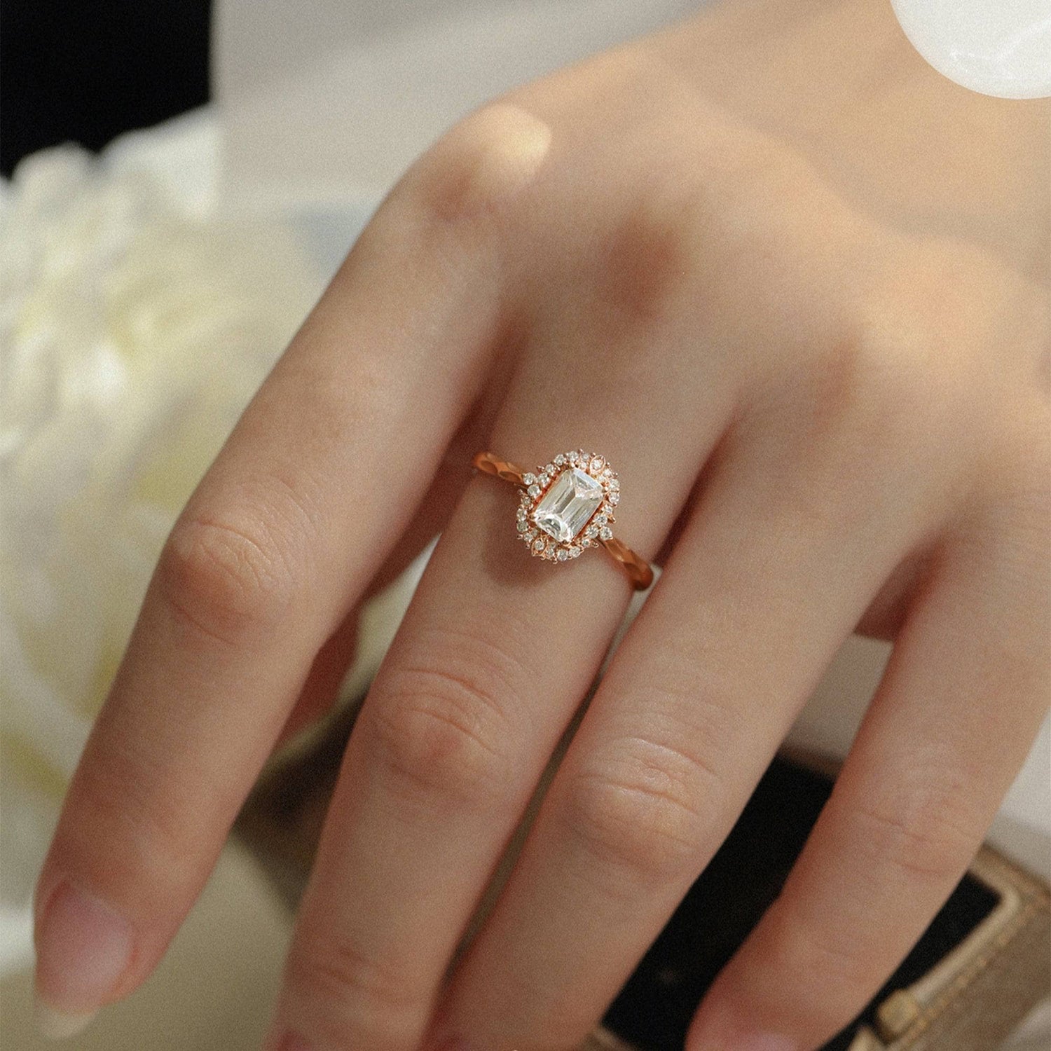 18k Art Deco Emerald Cut Diamond Rose Gold Engagement Ring-Black Diamonds New York