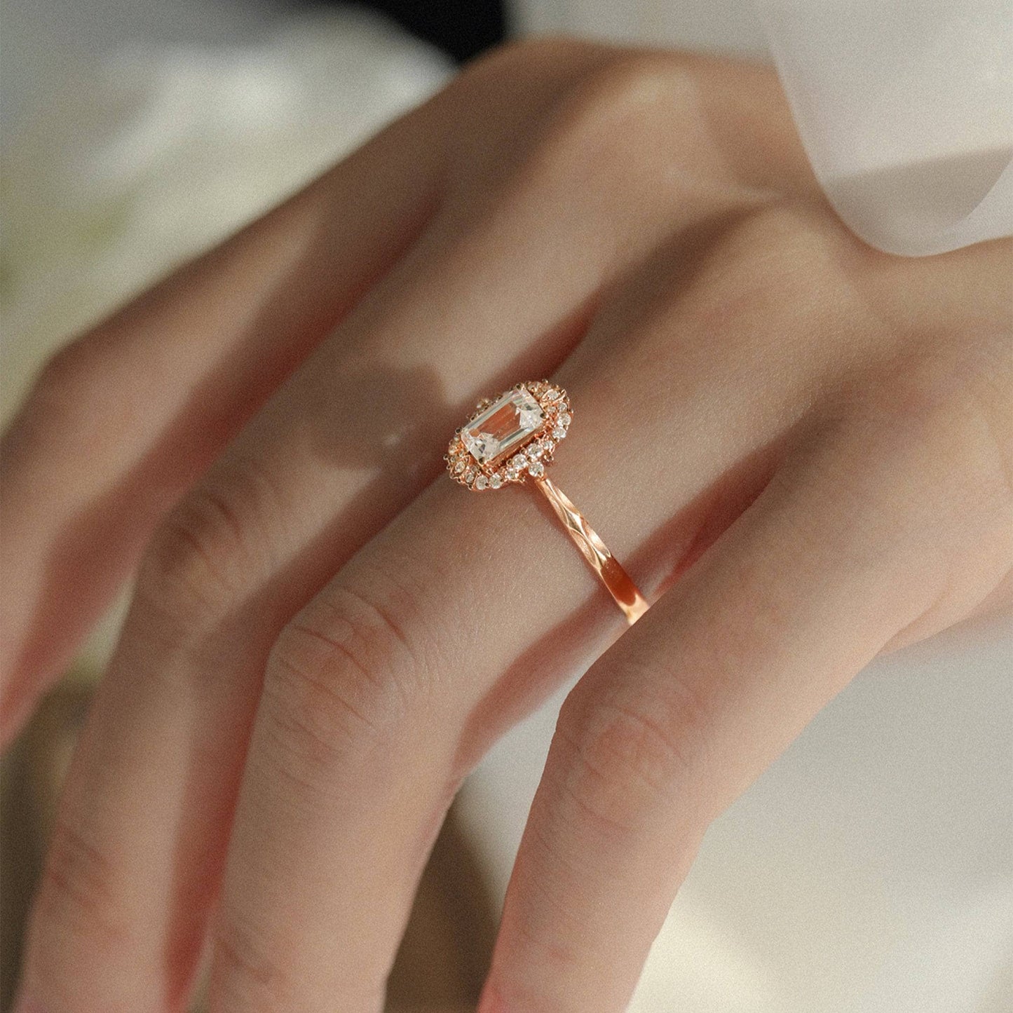 18k Art Deco Emerald Cut Diamond Rose Gold Engagement Ring-Black Diamonds New York