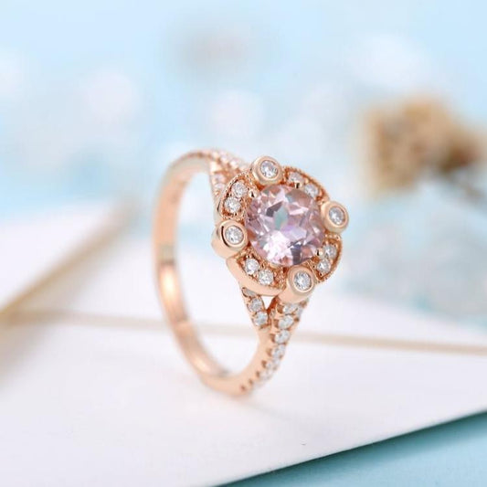 18k Rose Gold Center 6.5mm Morganite Milgrain Halo Engagement-Black Diamonds New York