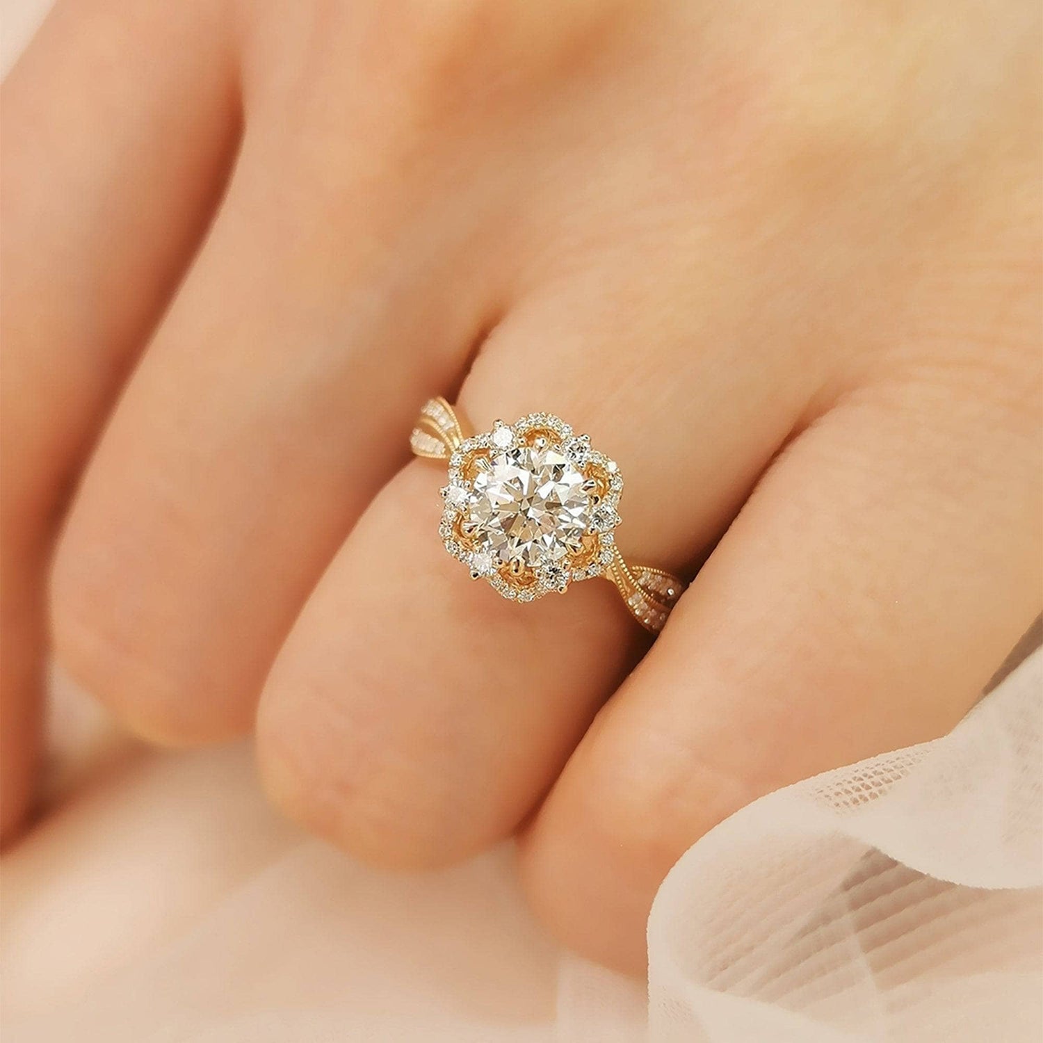 18k Round Cut Diamond Flower Art Deco Engagement Ring-Black Diamonds New York