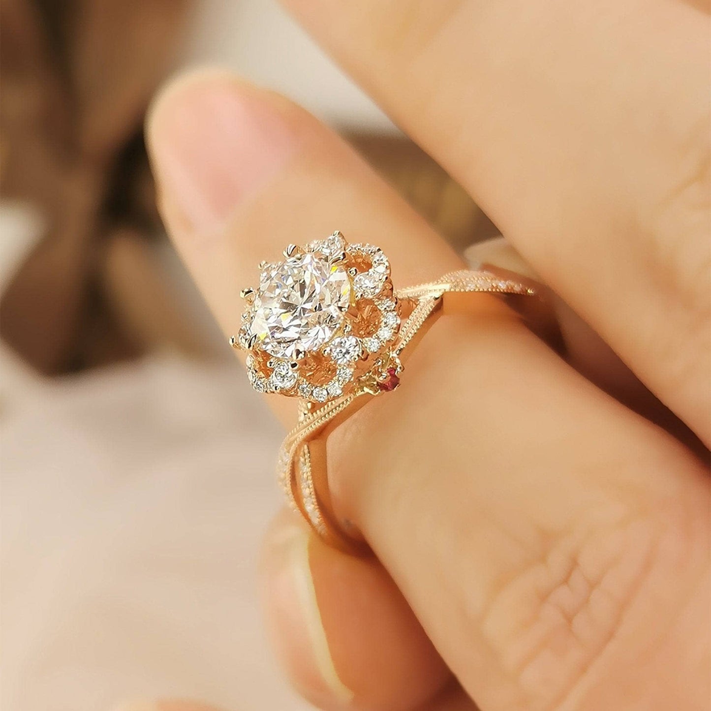 18k Round Cut Diamond Flower Art Deco Engagement Ring-Black Diamonds New York