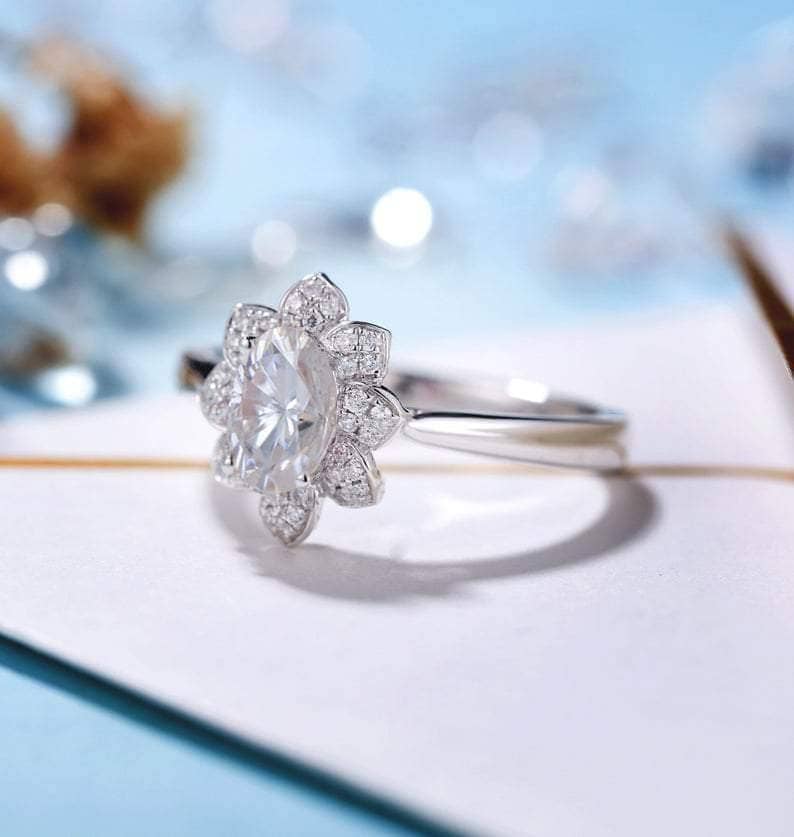 18k White Gold 1ct 5*7mm Oval Cut Diamond Lotus Shaped Engagement Ring-Black Diamonds New York