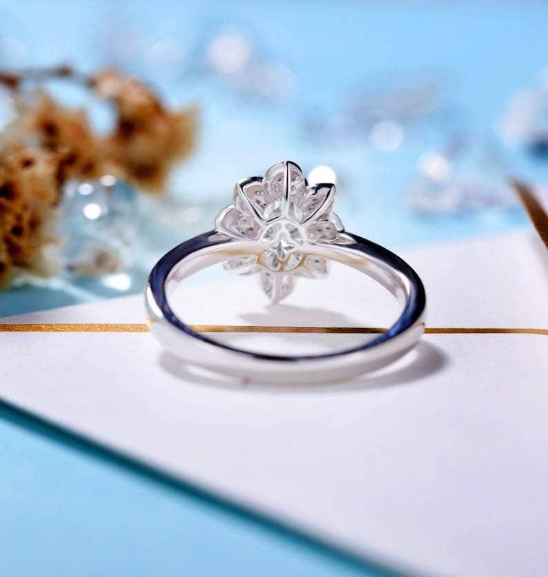 18k White Gold 1ct 5*7mm Oval Cut Diamond Lotus Shaped Engagement Ring-Black Diamonds New York