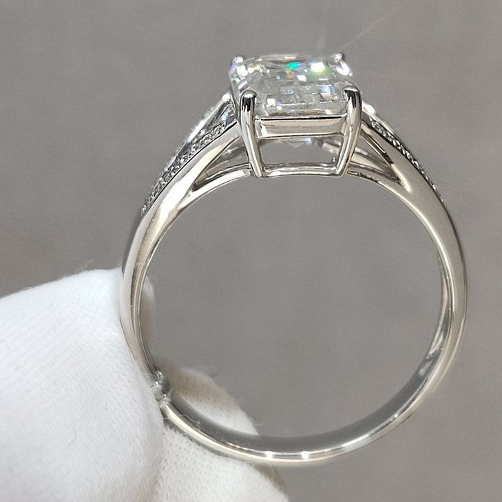 2.50 Ct Emerald Cut Moissanite Ring Split Shank Simulated Diamond Wedding Ring Colorless Halo outlets Moissanite Engagement Ring In 14K White Gold