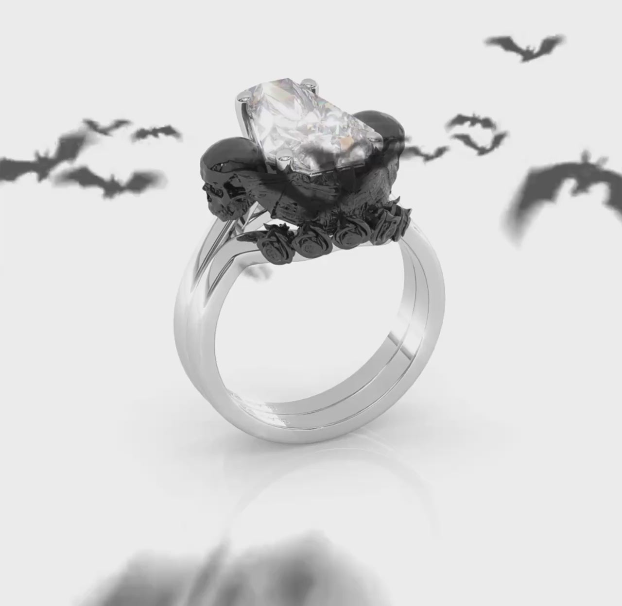 My Ever After Ring- Coffin Cut Diamond with Skulls, Bat and Roses Promise Ring