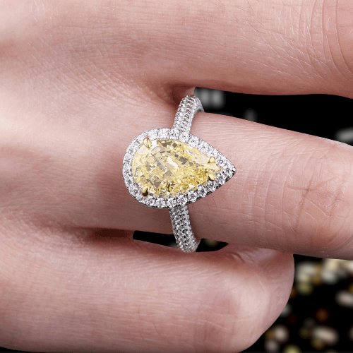 3.0ct Halo Pear Cut Simulated Diamond Yellow Sapphire Engagement Ring-Black Diamonds New York