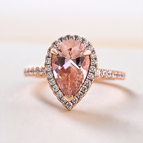 3.0ct Halo Pear Cut Synthetic Morganite Engagement Ring-Black Diamonds New York