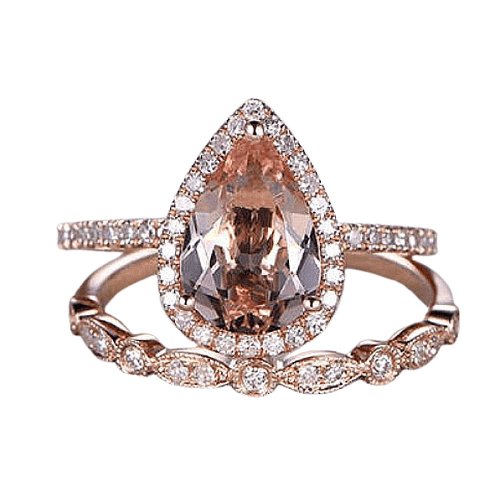 3.0ct Halo Pear Cut Synthetic Morganite Wedding Ring Set-Black Diamonds New York