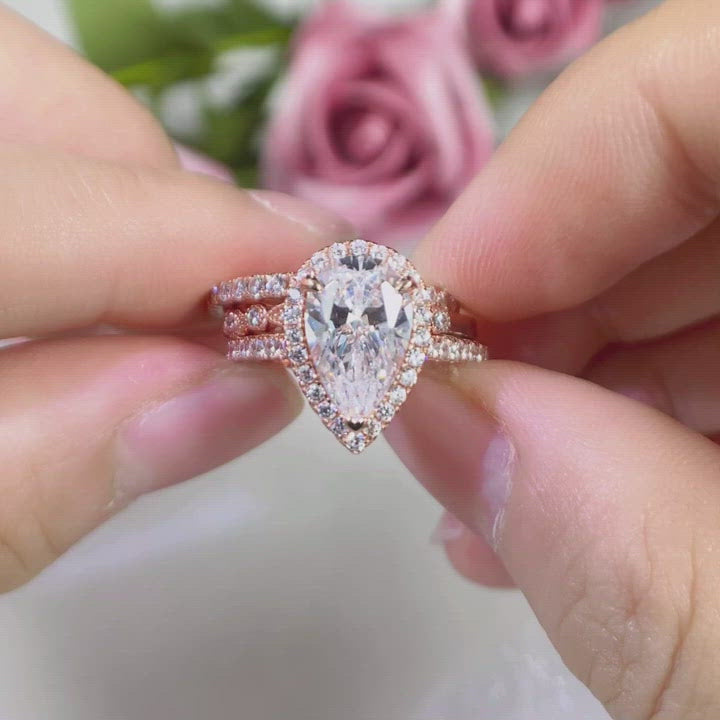 10k Rose Gold Halo Pear Cut Diamond 3pcs Wedding Ring Set