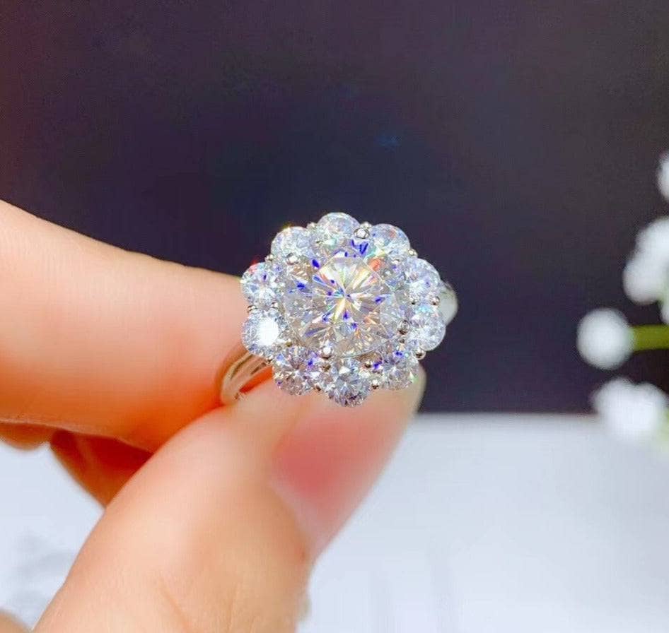 3ct Round Cut Crackling Diamond Flower Halo Engagement Ring-Black Diamonds New York