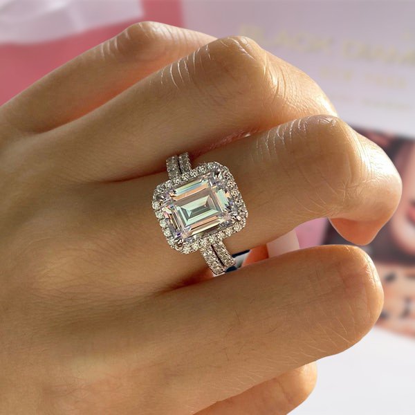 4.0ct Halo Emerald Cut Wedding Ring Set-Black Diamonds New York