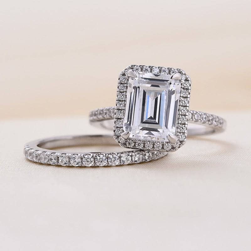 4.0ct Halo Emerald Cut Wedding Ring Set-Black Diamonds New York