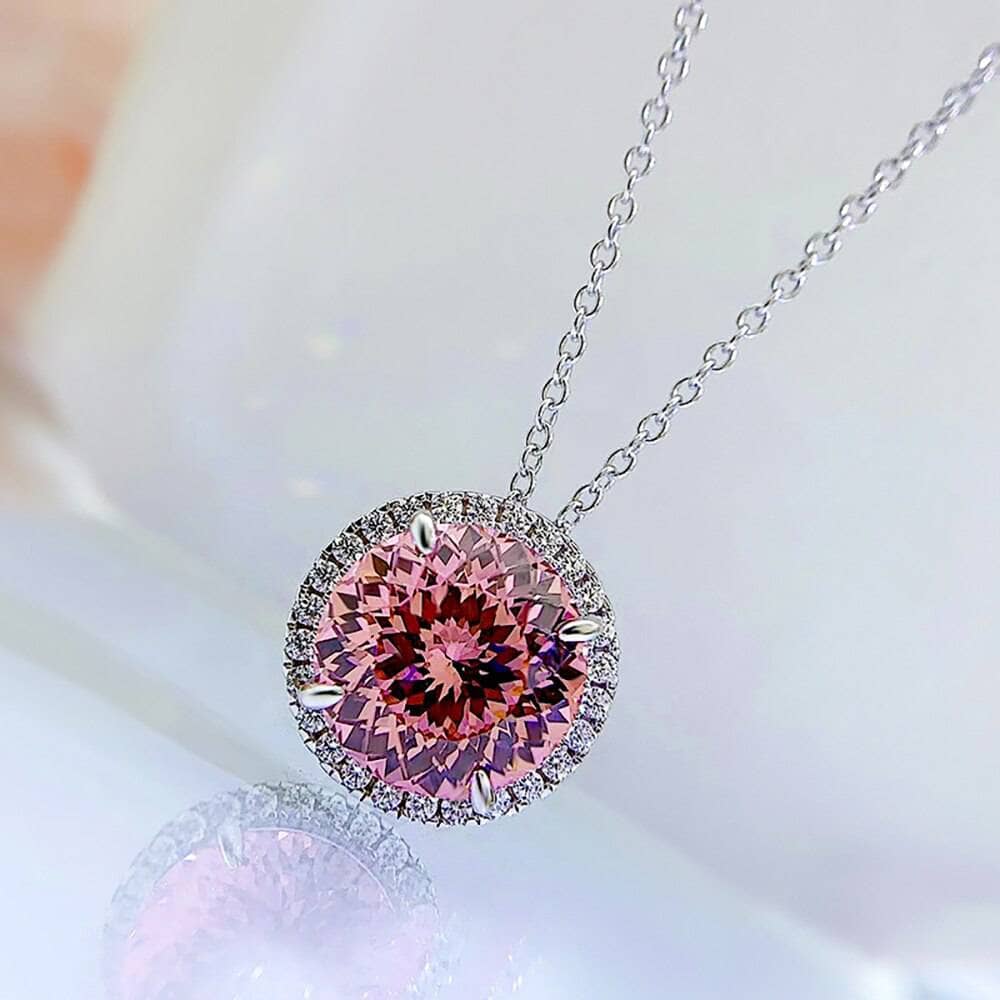 5.0ct Round Cut Pink Created Diamond Halo Necklace-Black Diamonds New York