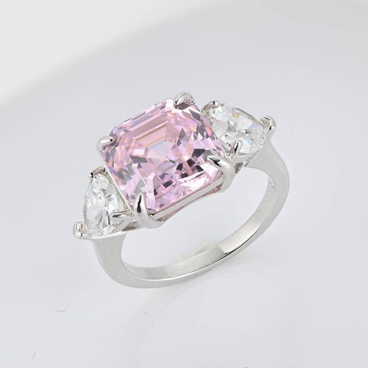 5ct Pink Sapphire Asscher Cut Three Stone Engagement Ring-Black Diamonds New York