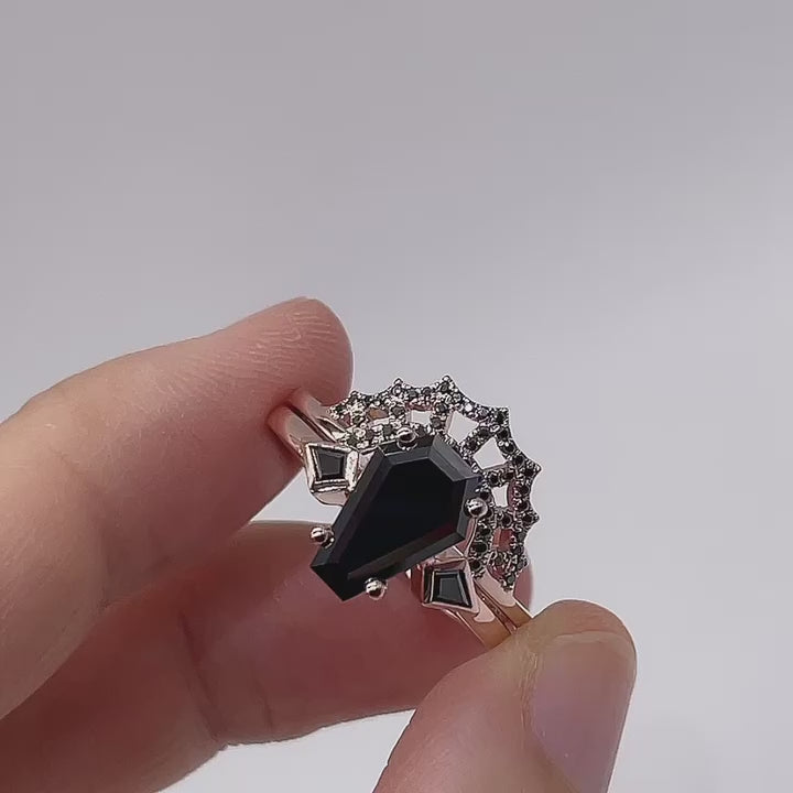 LOVE SPELL- Coffin Cut Diamond Spider Web Gothic Wedding Ring Set