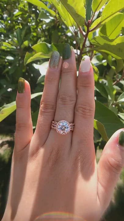 Vintage 3PC Halo Round Cut Wedding Ring Set In Rose Gold