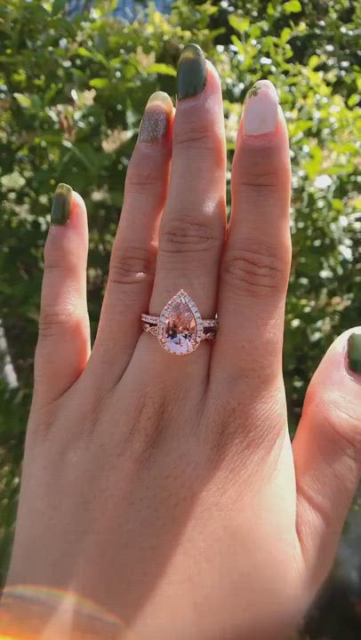 Rose Gold Halo 3.0ct Pear Cut Peachy Pink Stone Wedding Set