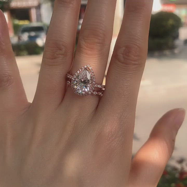 Rose Gold 2.2 Carat Halo Pear Cut White Sapphire Ring Set